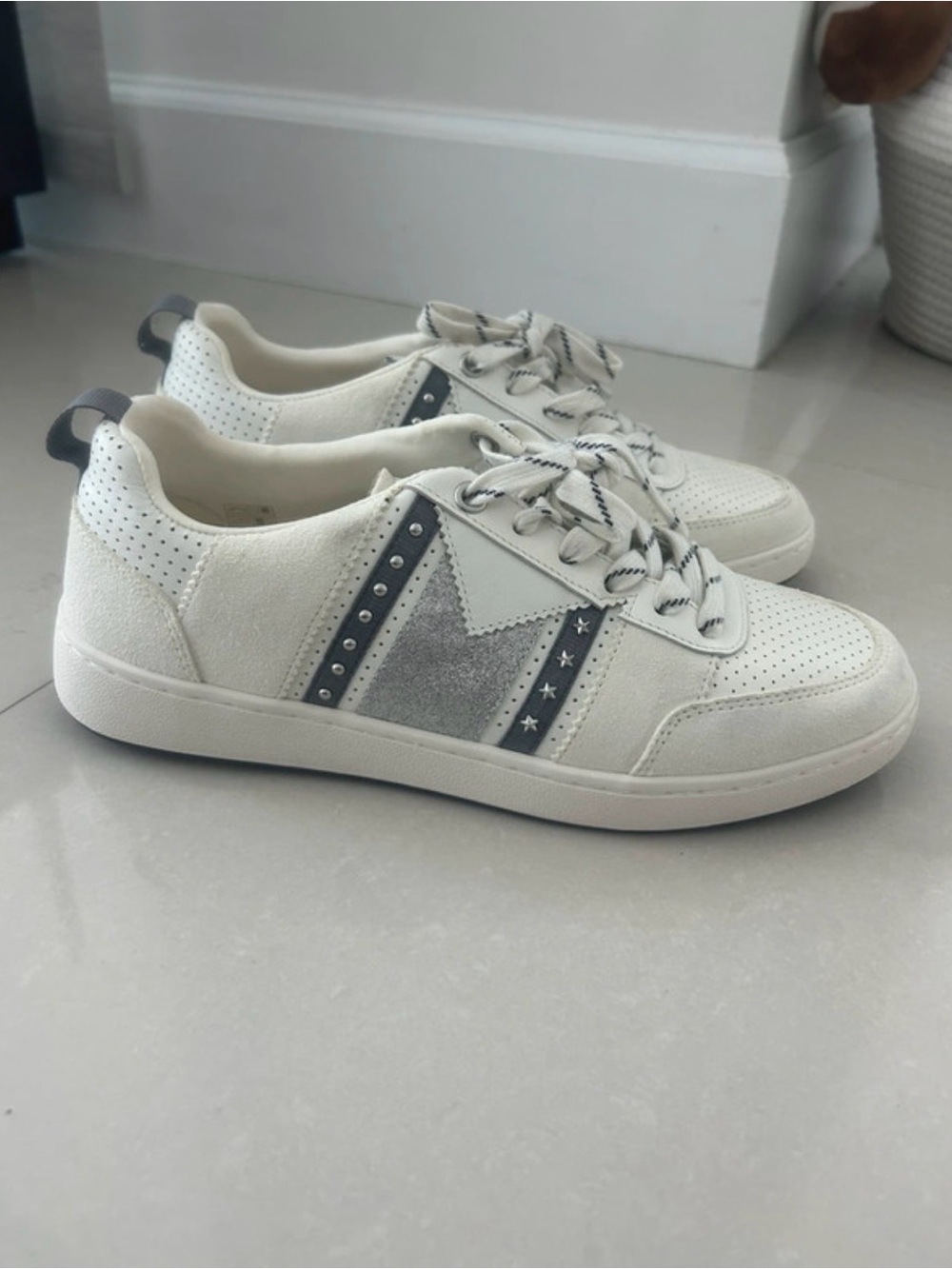 Maje Paris Leather Glitter Suede Studded Sneakers Silver White EU 40